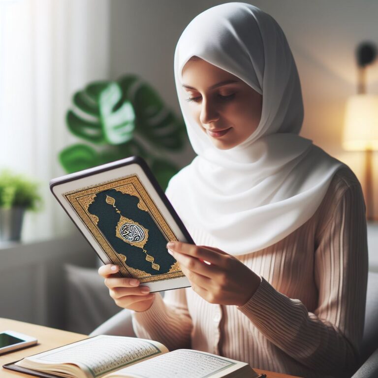 A devout Muslim woman engrossed in reading the Quran in her serene room, seeking spiritual solace.