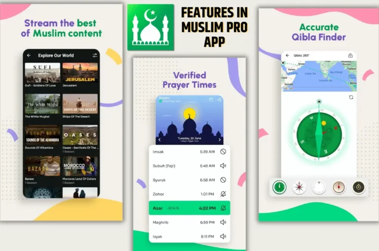 A screenshot of the Muslim Pro app showing prayer times, Qibla direction, Quran verses, and Islamic calendar.